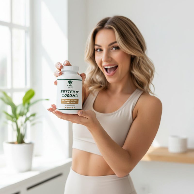 Frau hält Better C® Vitamin C — Nahrungsergänzung für ein starkes Immunsystem